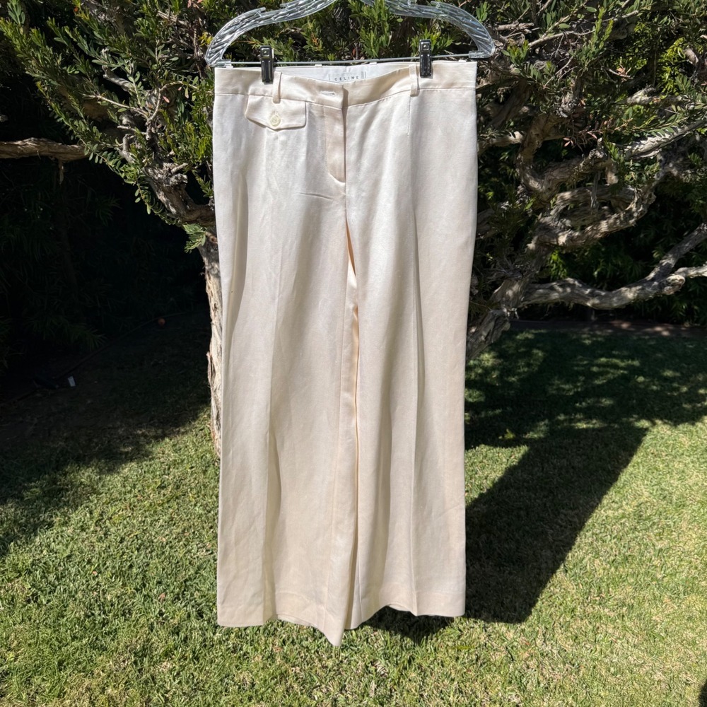 Celine Cream Linen Silk Wide Leg Trousers Pants Made in France Size 38 - Picture 8 of 10